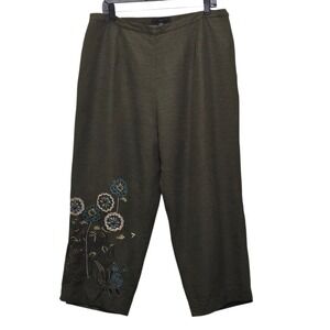 SILK LAND WOMAN Olive Green Embroidered Floral‎ Capris Pants 20W Artsy Lagenlook